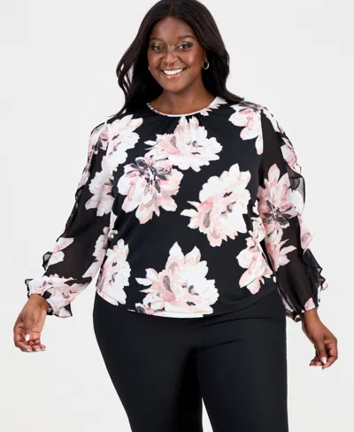 Anne Klein Plus Size Ruffled Blouson-sleeve Top In Multi