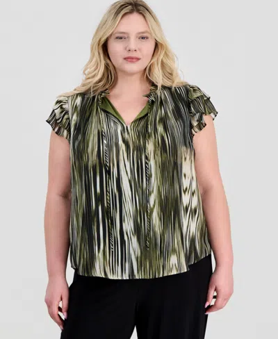 Anne Klein Plus Size Ruffle-sleeve Tie-neck Blouse In Multi