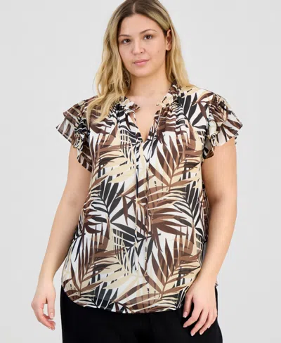 Anne Klein Plus Size Ruffle-sleeve Tie-neck Blouse In Multi