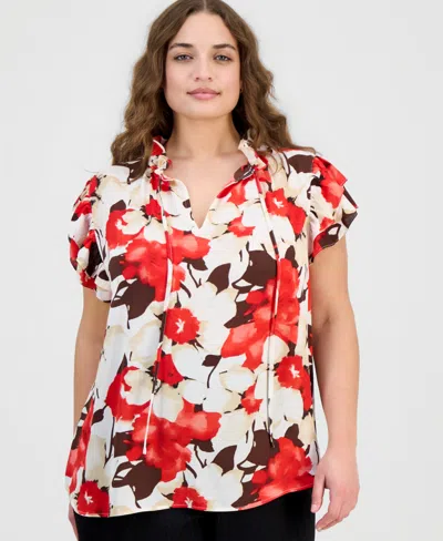 Anne Klein Plus Size Ruffle-sleeve Tie-neck Blouse In Multi