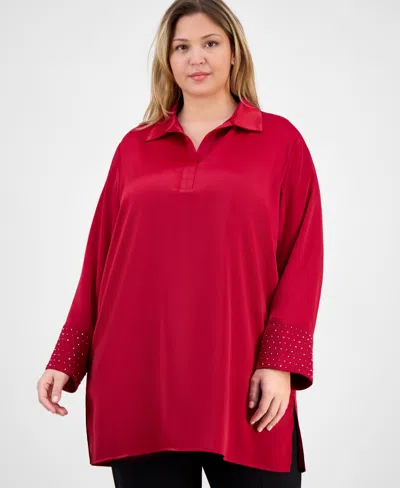 ANNE KLEIN PLUS SIZE SATIN-COLLAR EMBELLISHED-CUFF TUNIC