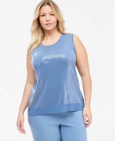 Anne Klein Plus Size Scoop Neck Sequin Sleeveless Tank In Blue