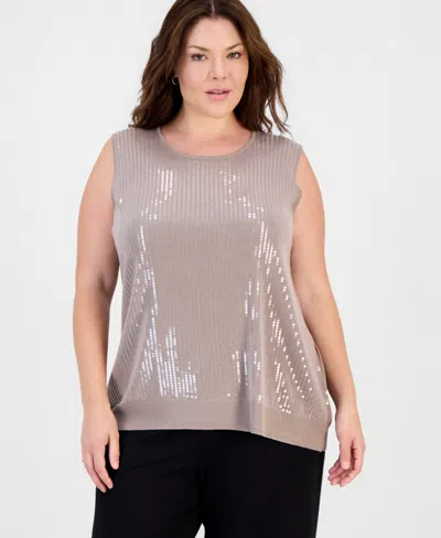 Anne Klein Plus Size Scoop Neck Sequin Sleeveless Tank In Neutral