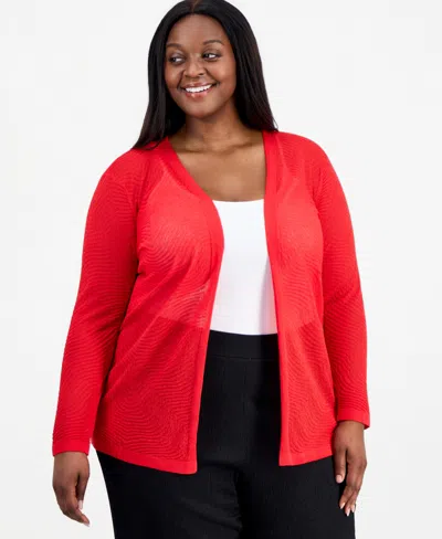Anne Klein Plus Size Semi-sheer Textured-pattern Cardigan In Red