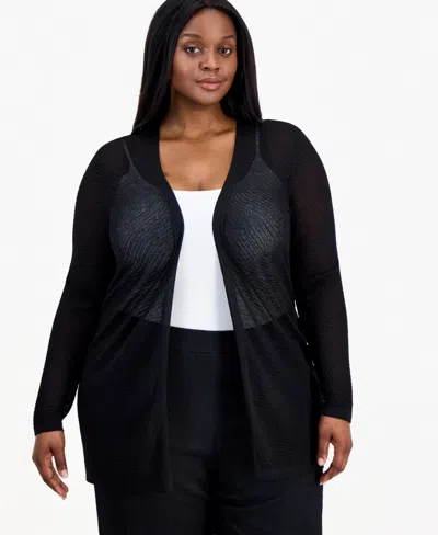 Anne Klein Plus Size Semi-sheer Textured-pattern Cardigan In Black