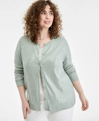 Anne Klein Plus Size Sequin Cardigan Sweater In Green