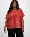 Anne Klein Plus Size Sequin Dolman-sleeve Boat-neck Top In Pink