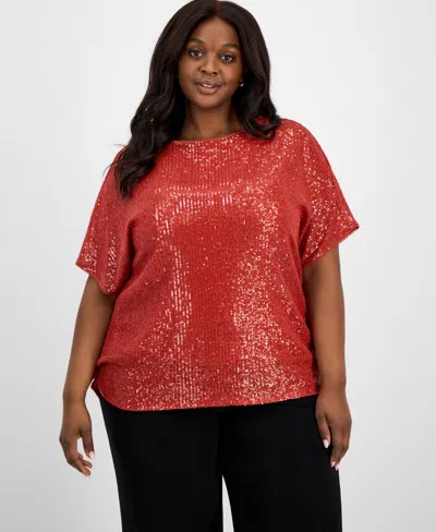 Anne Klein Plus Size Sequin Dolman-sleeve Boat-neck Top In Pink