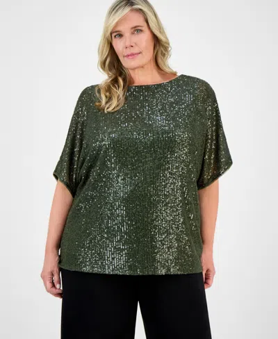 Anne Klein Plus Size Sequin Dolman-sleeve Boat-neck Top