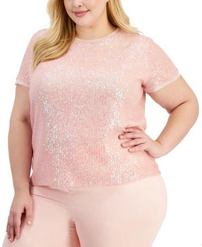 Anne Klein Plus Size Sequin-embellished Short-sleeve Top In Cherry Blossom
