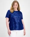 Anne Klein Plus Size Sequin-embellished Short-sleeve Top In Santorini Blue