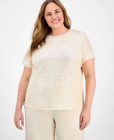 Anne Klein Plus Size Sequin-embellished Short-sleeve Top In Soft Latte