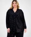 Anne Klein Plus Size Sequin Pinstripe Drop-shoulder Tunic Shirt In Black