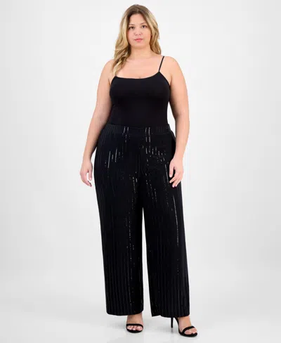 Anne Klein Plus Size Sequin Pinstripe High-rise Wide-leg Pants In Black