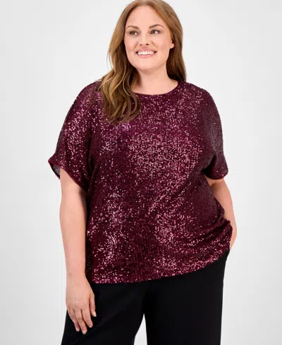 Anne Klein Plus Size Sequin Top In Burgundy