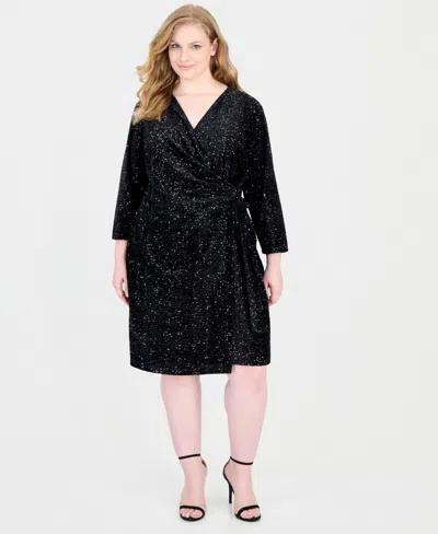 Anne Klein Plus Size Sequin Wrap V-neck Dress In Black