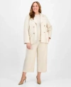 Anne Klein Plus Size Sequined Mesh Trim Short Sleeve Top Cropped Mid Rise Wide Leg Pants French Terry Faux Doub In Soft Latte