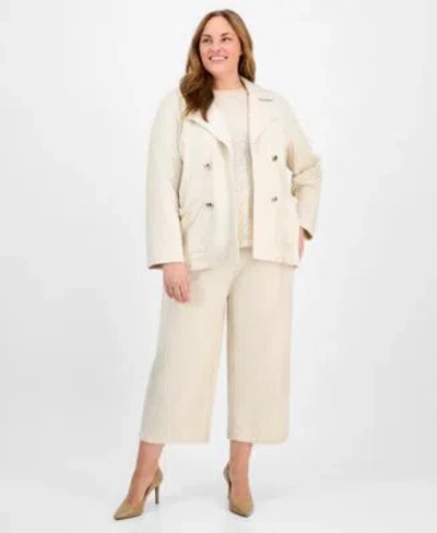 Anne Klein Plus Size Sequined Mesh Trim Short Sleeve Top Cropped Mid Rise Wide Leg Pants French Terry Faux Doub In Soft Latte