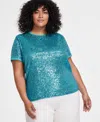 Anne Klein Plus Size Sequined Mesh-trim Short-sleeve Top In Pool Blue