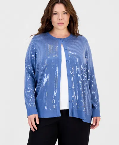Anne Klein Plus Size Sequin-front Crewneck Cardigan In Blue