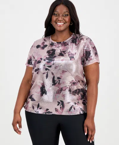 Anne Klein Plus Size Sequinned Short-sleeve Top In Purple