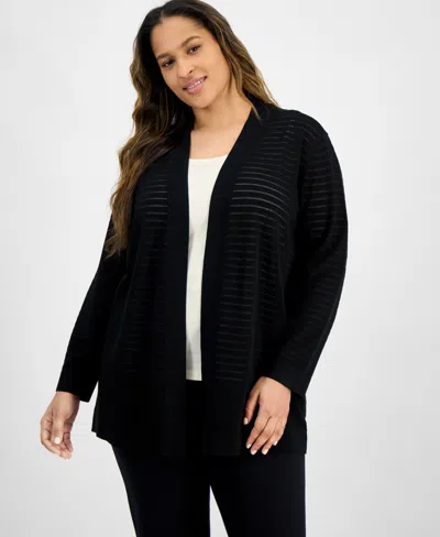 Anne Klein Plus Size Shadow-striped Open-front Cardigan In Anne Black