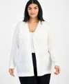 Anne Klein Plus Size Shadow-striped Open-front Cardigan In Bright White