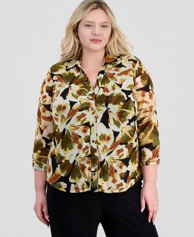 Anne Klein Plus Size Shirred 3/4-sleeve Button-down Blouse In Multi
