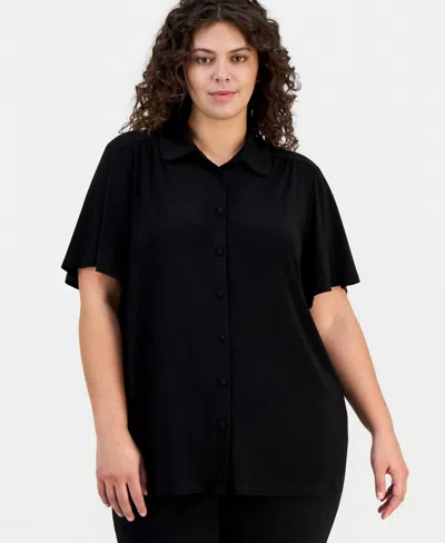 Anne Klein Plus Size Short-sleeve Collared Blouse In Black