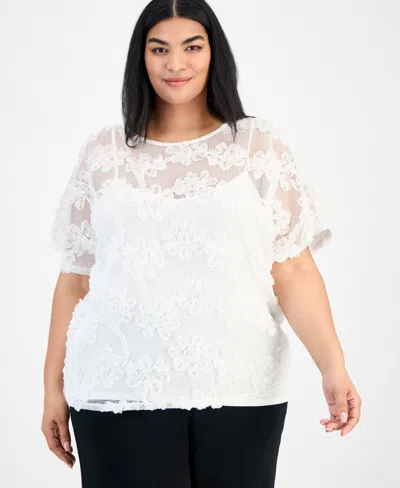 Anne Klein Plus Size Short-sleeve Lace Blouse In Bright White