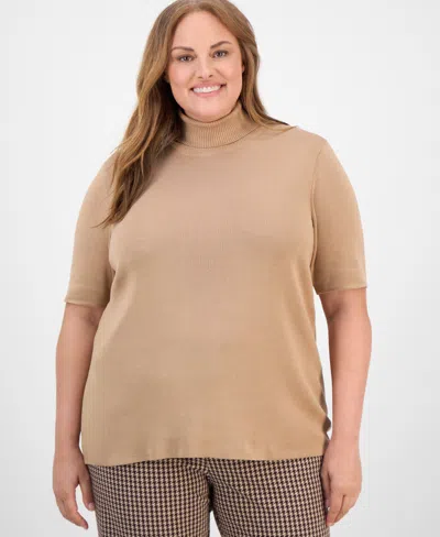 Anne Klein Plus Size Short-sleeve Turtleneck Top In Brown