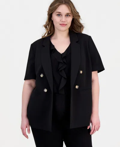 Anne Klein Plus Size Short-sleeve Open-front Blazer In Black