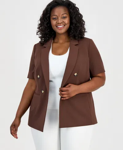 Anne Klein Plus Size Short-sleeve Open-front Blazer In Pink