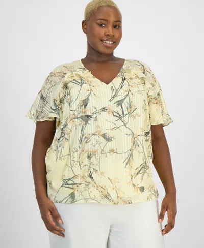Anne Klein Plus Size Short-sleeve Ruffled V-neck Blouse In Multi