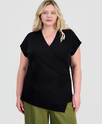 Anne Klein Plus Size Side Button Wrap Shirt In Black