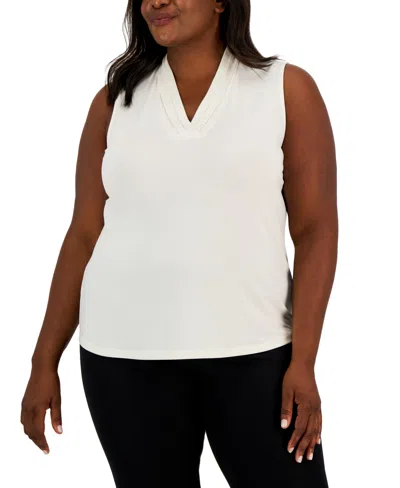 Anne Klein Plus Size Sleeveless Pleated V-neck Top In Anne White