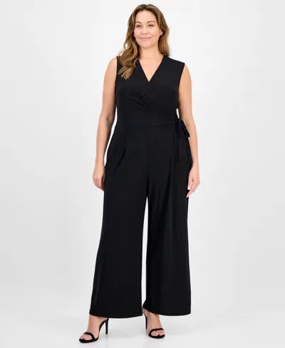 Anne Klein Plus Size Sleeveless Tie-waist Jumpsuit In Black