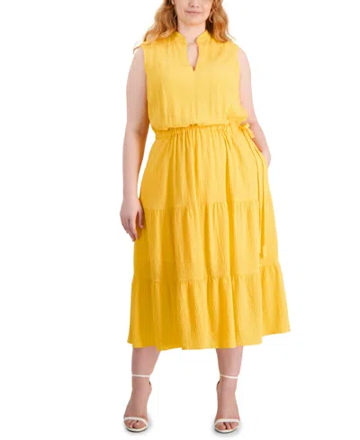 Anne Klein Plus Size Sleeveless Tiered Midi Dress In Golden Yellow