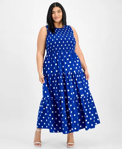 Anne Klein Plus Size Smocked-bodice Sleeveless Dress In Santorini Blue,white