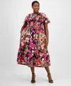 Anne Klein Floral Smocked Flutter Sleeve Cotton Maxi Dress In Multi