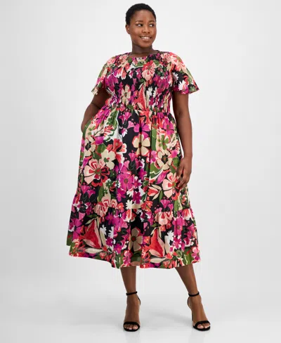 ANNE KLEIN PLUS SIZE SMOCKED FLORAL MIDI DRESS