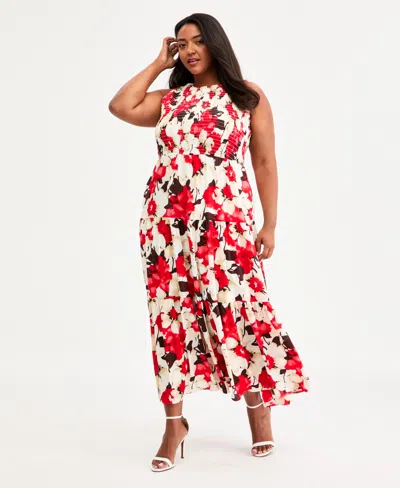 Anne Klein Plus Size Smocked-bodice Tiered Maxi Dress In Multi
