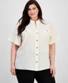 Anne Klein Plus Size Split-neck Flutter-sleeve Button-front Blouse
