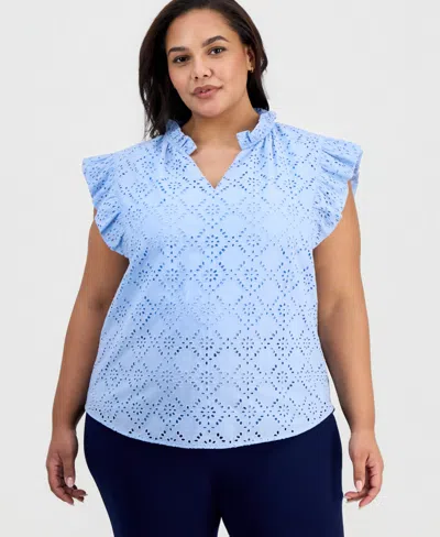 Anne Klein Plus Size Split-neck Flutter-sleeve Top