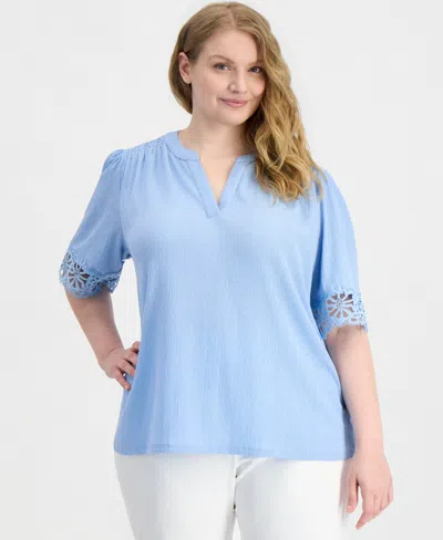Anne Klein Plus Size Split-neck Lace-trim Elbow-sleeve Top In Blue