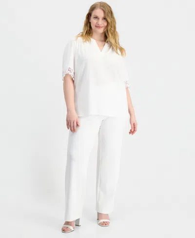 Anne Klein Plus Size Split-neck Lace-trim Elbow-sleeve Top In White