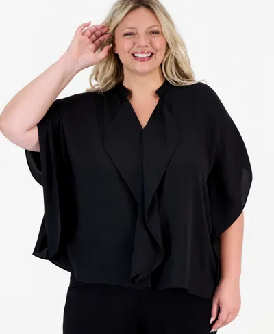 Anne Klein Plus Size Split-neck Ruffle-front Dolman-sleeve Blouse In Black