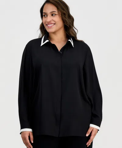 Anne Klein Plus Size Spread-collar Button-front Blouse In Black