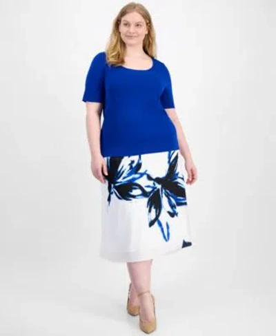 Anne Klein Plus Size Square Neck Sweater Printed Flared Skirt In Santorini Blue