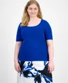 Anne Klein Plus Size Square Neck Sweater Printed Flared Skirt In Santorini Blue